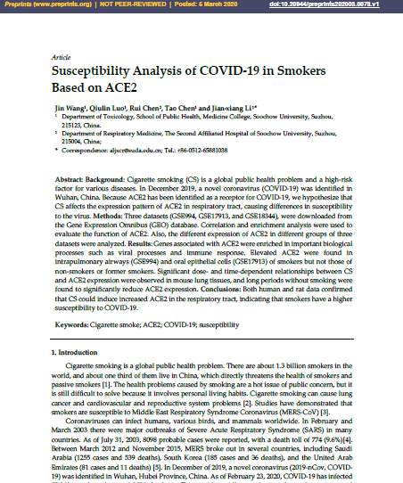 Susceptibility Analysis of COVID-19 in Smokers Based on ACE2