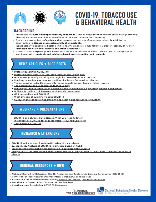 COVID-19, Tobacco Use & Behavioral Health - NBHN Factsheet