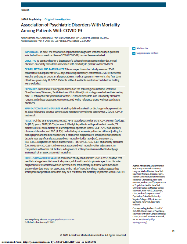 Association of Psychiatric Disorders with Mortality among Patients with COVID-19