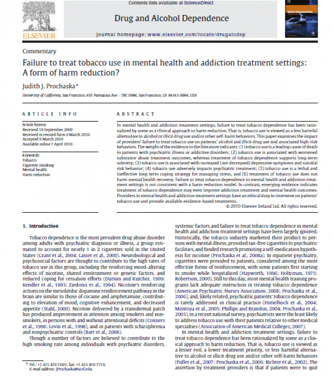 Failure to treat tobacco use in mental health and addiction treatment settings: A form of harm reduction?