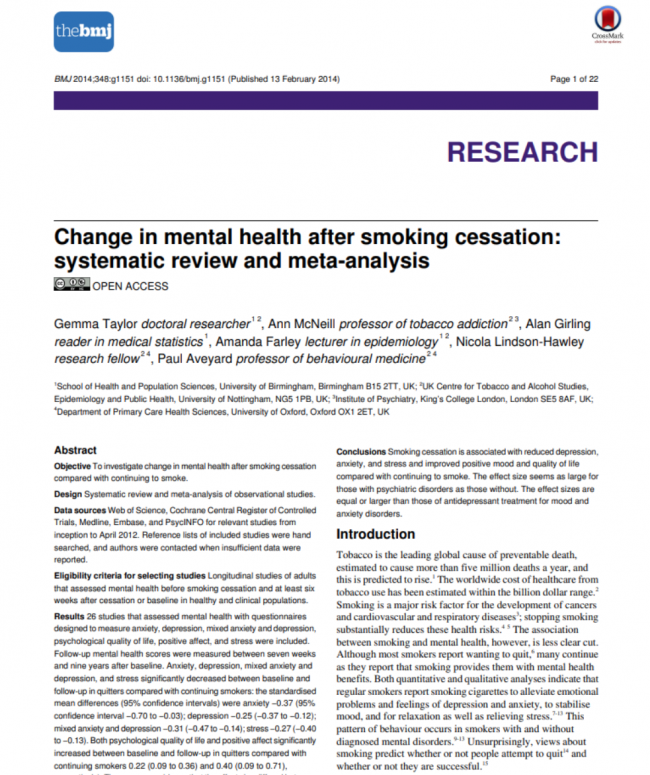 Change in Mental Health after Smoking Cessation: Systematic Review and Meta-Analysis