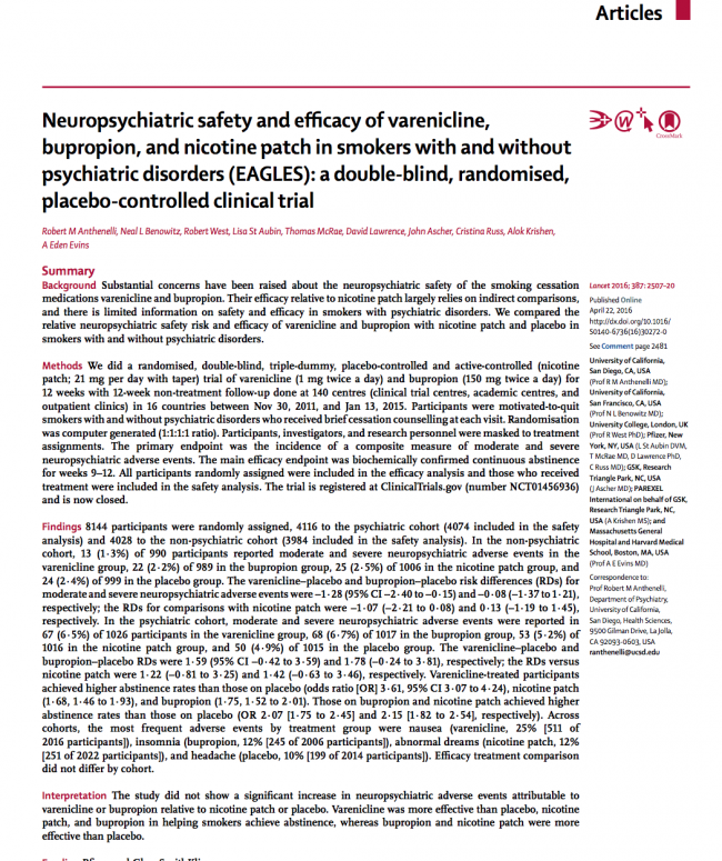 Neuropsychiatric Safety and Efficacy of Varenicline, Bupropion, and Nicotine Patch in Smokers With and Without Psychiatric Disorders